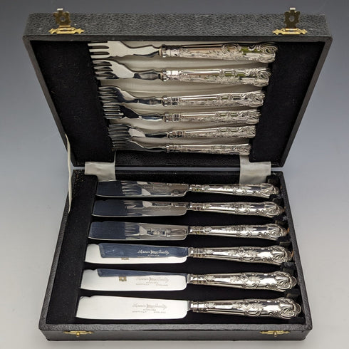 1973年 英国ヴィンテージ 純銀製ハンドル カトラリー6ペアセット 箱入り Harrison Brothers